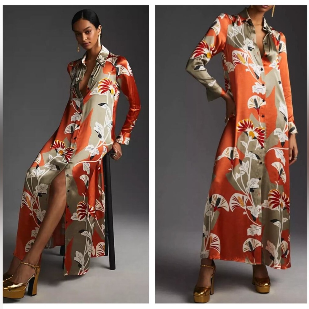 Anthropologie Orange and Cream Floral Maxi Dress